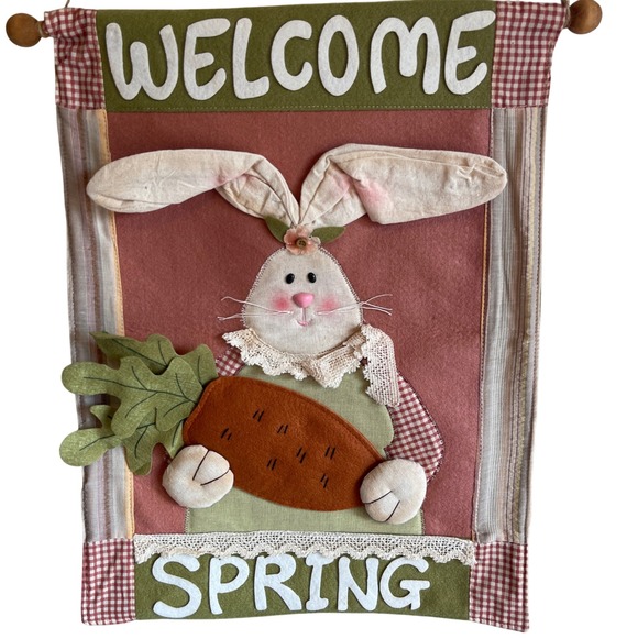Vintage Hand Made Country Bunny Welcome Spring Hanging Banner With Carrot Rustic - Picture 1 of 9